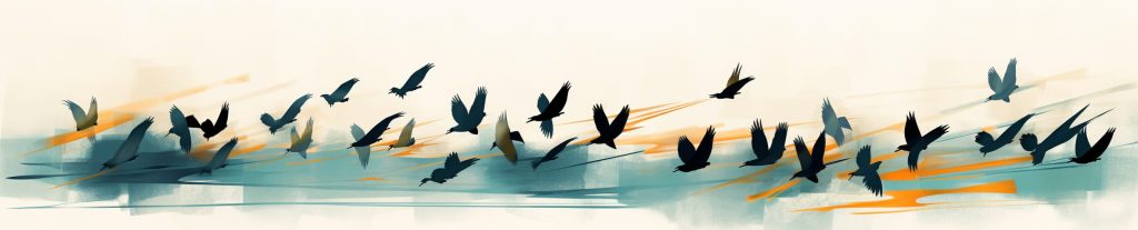 Illustrazione stilizzata con sagome di uccelli in volo e pennellate astratte
