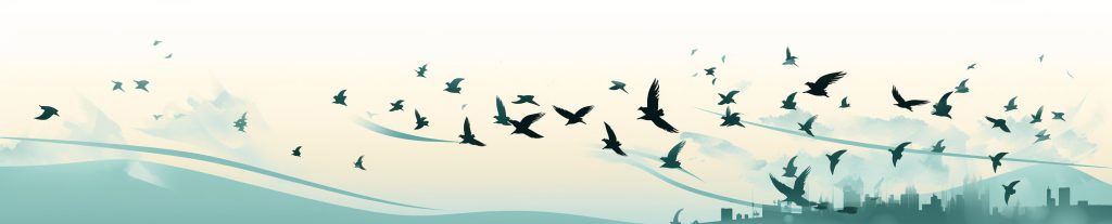 Illustrazione con stormo di uccelli in volo su sfondo astratto