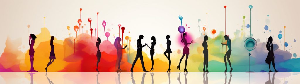 Illustrazione artistica con sagome di persone in piedi su uno sfondo astratto multicolore
